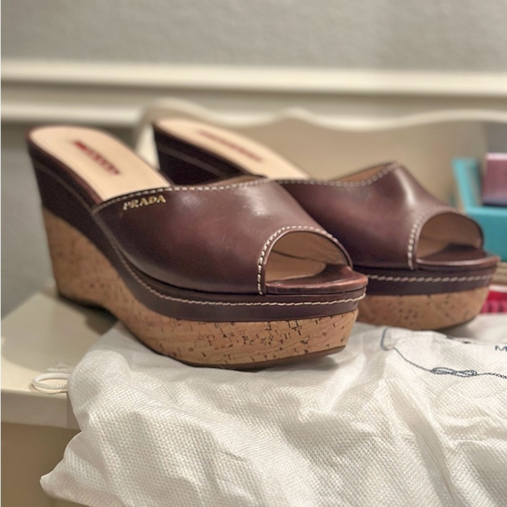 Prada Brown Leather & Cork Wedge Sandals; Size 38.5